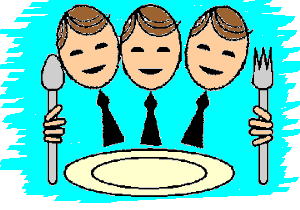 three cartoon men with eating utensils