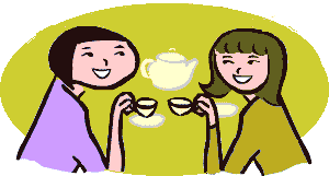 Two women at table clicking coffee cups