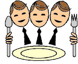 three male characters with eating utensils