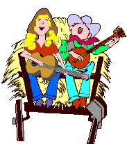 Characters on hayride playing guitars