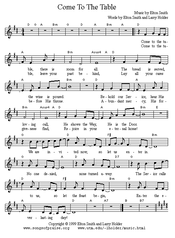 Verses 1 and 2 and chorus for 'Come To The Table'